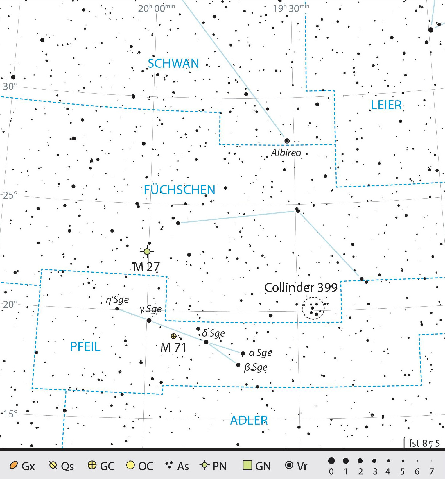 Mappa celeste per le costellazioni della Freccia e della Volpetta, con gli oggetti consigliati. J. Scholten